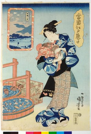 Utagawa Kuniyoshi: Ryogoku no kei 両国の景 (A View of Ryogoku) / Tosei Edo kanoko 當聖江戸鹿子 (Modern Tie-dyed Fabrics of Edo) - British Museum