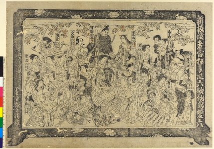 Sumiya Kichiheiによる浮世絵「Shimpan yakusha atari kyogen sanjurokkasen tobi-sugoroku (Newly published: Game board of actors in hit plays, like the thirty-six immortal poets)」