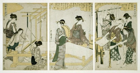 喜多川歌麿: Joshoku kaiko tewaza-gusa - Ju, juichi, juni (Women Engaged in the Sericulture Industry, Nos. 10-12) - 大英博物館