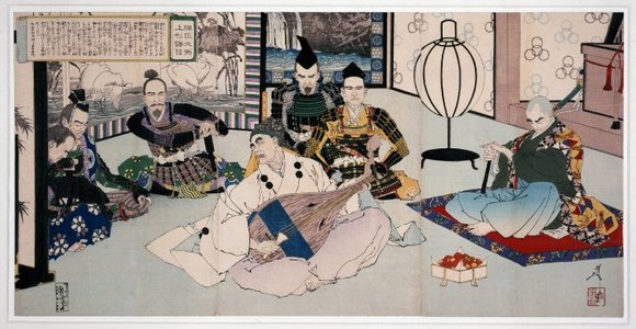 Japanese Print "Tanjo Daihitsu, Uesugi Kenshin 弾正大弼 上杉謙信 (Useugi Kenshin and the Blind Biwa Player)" by Tsukioka Yoshitoshi, 月岡芳年 (Tsukioka Yoshitoshi (月岡芳年))