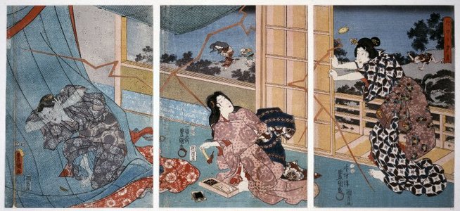 歌川国貞: Niwaka yu-dachi にワカ夕立 (A sudden summer shower) - 大英博物館