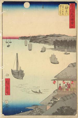 Utagawa Hiroshige: View of the Ocean from the Teahouses on the Hill at Kanagawa, no. 4 from the series Pictures of the Famous Places on the Fifty-three Stations (Vertical Tokaido) - University of Wisconsin-Madison