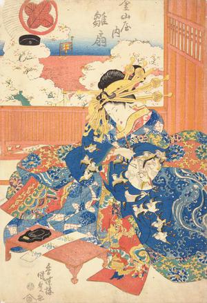 Utagawa Kunisada: The Courtesan Hinaogi of the Kanayama Establishment Seated at a Writing Table - University of Wisconsin-Madison