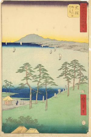 Utagawa Hiroshige: The Hut of the Poet Saigyo at the Snipe-rising Marsh near Oiso, no. 9 from the series Pictures of the Famous Places on the Fifty-three Stations (Vertical Tokaido) - University of Wisconsin-Madison