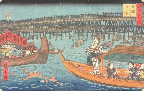 Utagawa Hiroshige: Enjoying the Evening Cool at Ryogoku Bridge, from the series Famous Places in Edo - University of Wisconsin-Madison