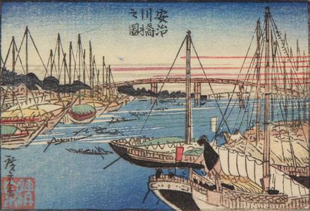 Utagawa Hiroshige: Bridge over the Aji River in Osaka, from a series of Views of Edo, Osaka, and Kyoto - University of Wisconsin-Madison