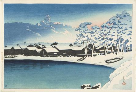 川瀬巴水: Snowy Dawn at the Port of Ogi, Sado, from the series Souvenirs of Travel, Second Series - ウィスコンシン大学マディソン校