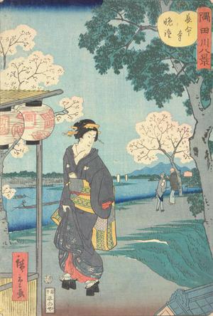 二歌川広重: Evening Bell at Chomeiji, from the series Eight Views of the Sumida River - ウィスコンシン大学マディソン校