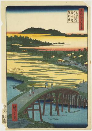 歌川広重: Sugatami Bridge, Omokage Bridge and the Gravel Pit at Takata, no. 116 from the series One-hundred Views of Famous Places in Edo - ウィスコンシン大学マディソン校