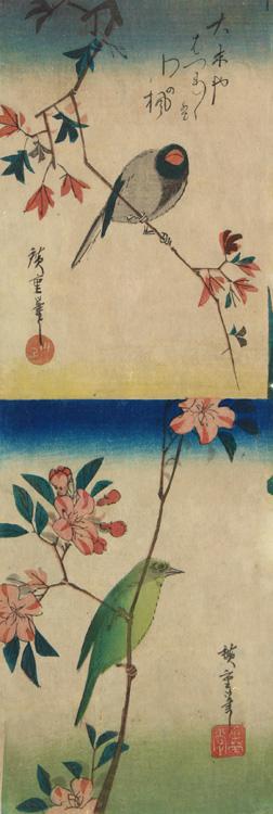 Utagawa Hiroshige: Java Sparrow on a Maple Branch, Green Bird on Crab Apple Branch, from a series of Bird and Flower Subjects - University of Wisconsin-Madison
