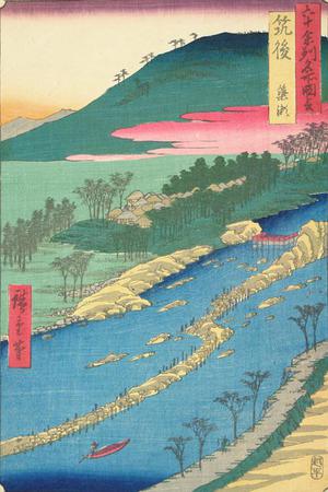 歌川広重: The Weir in the Shallows at Yanase in Chikugo Province, no. 60 from the series Pictures of Famous Places in the Sixty-odd Provinces - ウィスコンシン大学マディソン校