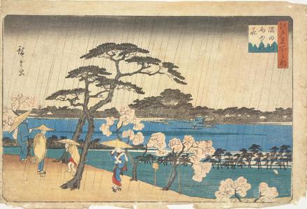 歌川広重: Cherry Blossoms in the Rain by the Sumida River, from the series Famous Places in Edo - ウィスコンシン大学マディソン校