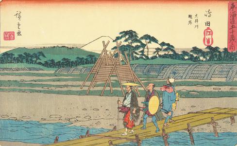 Utagawa Hiroshige: The Suruga Bank of the Oi River at Shimada, no. 24 from the series Fifty-three Stations of the Tokaido (Gyosho Tokaido) - University of Wisconsin-Madison