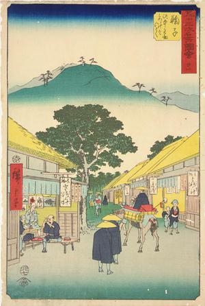 歌川広重: Shops Selling Tororo Soup, a Famous Product of Mariko, no. 21 from the series Pictures of the Famous Places on the Fifty-three Stations (Vertical Tokaido) - ウィスコンシン大学マディソン校