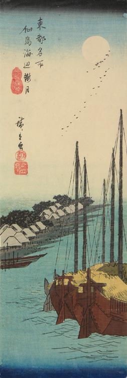 Utagawa Hiroshige: Hazy Moon on the Shore of Tsukuda Island, from the series Famous Places in the Eastern Capital - University of Wisconsin-Madison