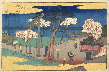 歌川広重: Cherry Trees in the Rain on the Sumida Embankment, from the series Famous Places in Edo - ウィスコンシン大学マディソン校