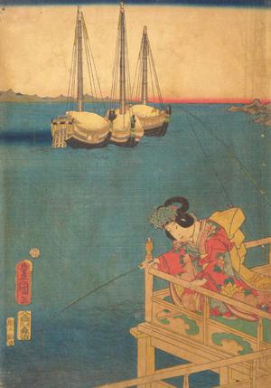 歌川国貞: Girl Fishing from Balcony Near Shinagawa Bay - ウィスコンシン大学マディソン校