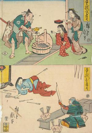 Utagawa Hiroshige: Sakata Kintoki Selling Candy to Demons, and Nasu no Yoichi at the Yashima Archery Parlor, from the series Comic Warriors for Children - University of Wisconsin-Madison