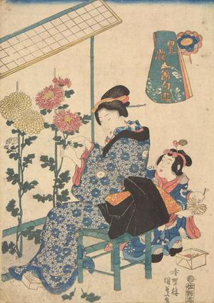 Utagawa Kunisada: Woman Pruning a Display of Chrysanthemum Flowers, from the series Amusements During the Five Seasonal Festivals in an Abundant Year - University of Wisconsin-Madison