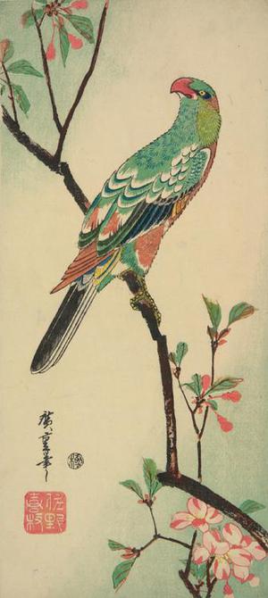 Japanese Print "Green Parrot on a Crab Apple Branch" by Utagawa Hiroshige, 歌川広重 (Utagawa Hiroshige)