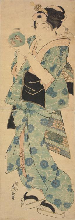 渓斉英泉: Young Woman Holding a Bowl of Goldfish - ウィスコンシン大学マディソン校