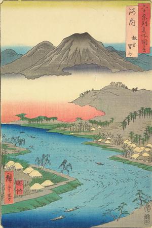 歌川広重: Mt. Otoko at Makigata in Kawachi Province, no. 3 from the series Pictures of Famous Places in the Sixty-odd Provinces - ウィスコンシン大学マディソン校
