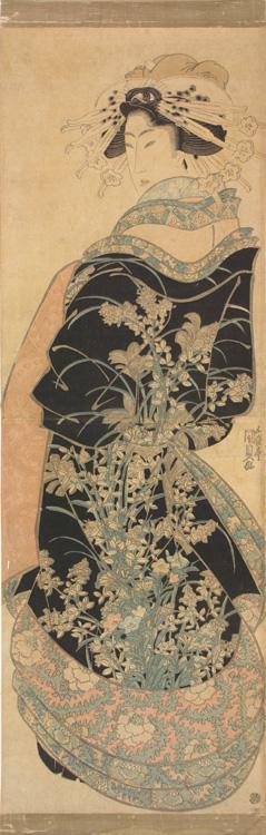 Utagawa Kunisada: Courtesan in Black Robe with Pattern of Autumn Flowers - University of Wisconsin-Madison