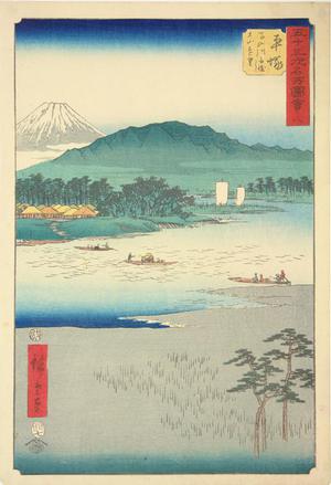 Utagawa Hiroshige: Distant View of Mt. Oyama from the Ferry on the Bannyu River near Hiratsuka, no. 8 from the series Pictures of the Famous Places on the Fifty-three Stations (Vertical Tokaido) - University of Wisconsin-Madison