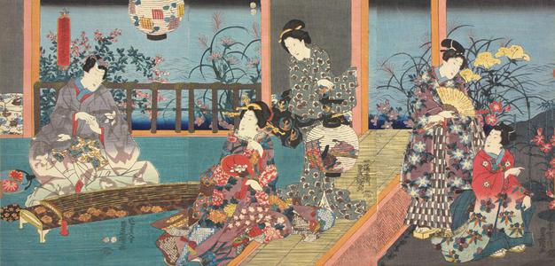 Utagawa Kunisada, 歌川国貞 (Utagawa Kunisada)による浮世絵「Seven Autumn Flowers in Garden」