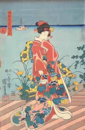 Japanese Print "Woman Standing on Porch, Moon from the series A Modern Set of Birds, Flowers, Moon and Wind" by Utagawa Kuniyoshi, 歌川国芳 (Utagawa Kuniyoshi)