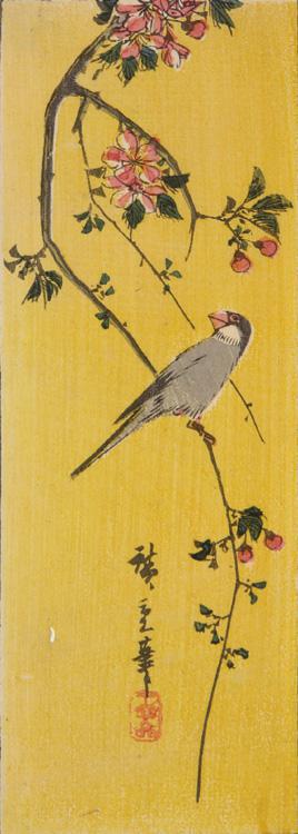 Utagawa Hiroshige: Part of, Paddy Bird on Crab Apple Branch, Begonia, Fish, and Bamboo Shoot, from a series of Harimaze Prints - University of Wisconsin-Madison