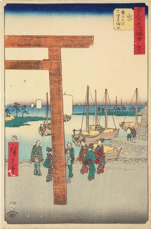 Utagawa Hiroshige: The Landing of the Seven Ri Ferry at Atsuta Station, no. 42 from the series Pictures of the Famous Places on the Fifty-three Stations (Vertical Tokaido) - University of Wisconsin-Madison