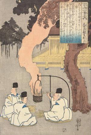 歌川国芳: Palace Workmen Seated by a Fire; Illustration of a Poem by Onakatomi Yoshinobu Ason, no. 49 from the series The One-hundred Poems - ウィスコンシン大学マディソン校