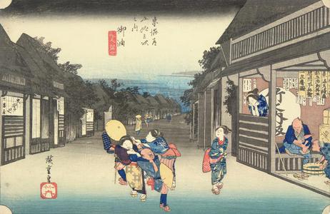歌川広重: Women Stopping Travelers at Goyu, no. 36 from the series Fifty-three Stations of the Tokaido (Hoeido Tokaido) - ウィスコンシン大学マディソン校
