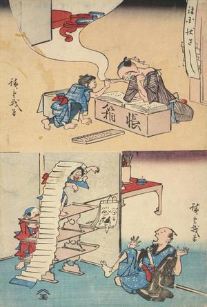 Utagawa Hiroshige: Child Painting Clerk's Eyebrows and Students Frightening Teacher, from a series of Comic Subjects - University of Wisconsin-Madison