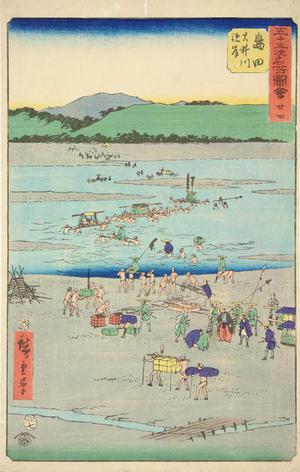 歌川広重: The Suruga Bank of the Oi River near Shimada, no. 24 from the series Pictures of the Famous Places on the Fifty-three Stations (Vertical Tokaido) - ウィスコンシン大学マディソン校