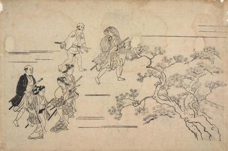 菱川師宣: Samurai Glancing at Three Young Men, from the series Flower Viewing at Ueno - ウィスコンシン大学マディソン校