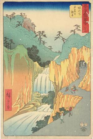 Utagawa Hiroshige: The Cave Shrine of Kannon at Sakanoshita, no. 49 from the series Pictures of the Famous Places on the Fifty-three Stations (Vertical Tokaido) - University of Wisconsin-Madison