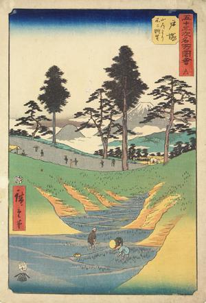 Utagawa Hiroshige: View of Mt. Fuji from the Mountain Road near Totsuka, no. 6 from the series Pictures of the Famous Places on the Fifty-three Stations (Vertical Tokaido) - University of Wisconsin-Madison