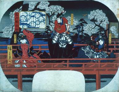 歌川広重: Asaina Saburo Glowering at Sagami Jiro and Matsushima by Cherry Trees, from the series Ancient Tales in Snow, Moon, and Flowers - ウィスコンシン大学マディソン校