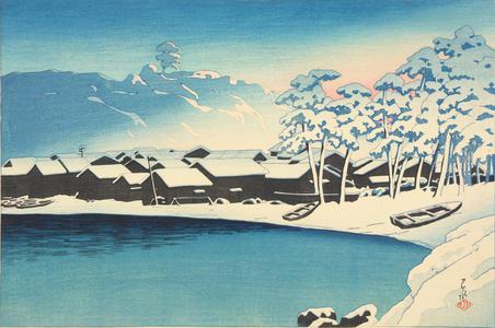 川瀬巴水: Snowy Dawn at the Port at Ogi, Sado, from the series Souvenirs of Travel, Second Series - ウィスコンシン大学マディソン校
