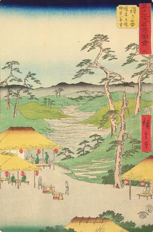 Utagawa Hiroshige: Distant View of the Kamakura Mountains from the Rest House by the Boundary Tree at Hodogaya, no. 5 from the series Pictures of the Famous Places on the Fifty-three Stations (Vertical Tokaido) - University of Wisconsin-Madison