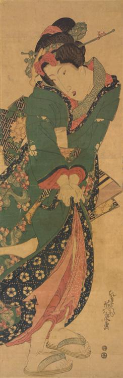 渓斉英泉: Young Woman Holding Her Hem from Blowing Open in a Breeze - ウィスコンシン大学マディソン校