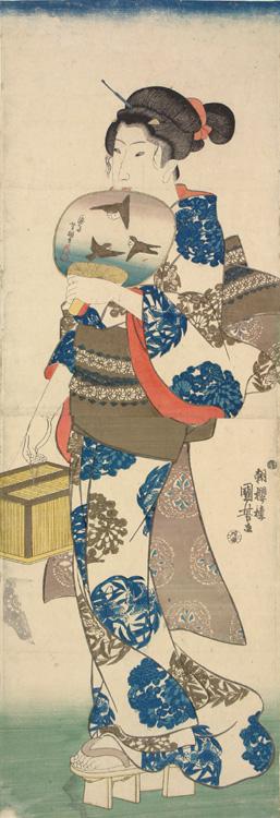 Utagawa Kuniyoshi: Young Woman Holding a Cage and a Fan - University of Wisconsin-Madison