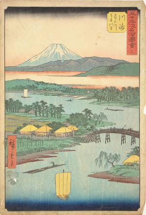 Utagawa Hiroshige: Namamugi Village Beside the Tsurumi River at Kawasaki, no. 3 from the series Pictures of the Famous Places on the Fifty-three Stations (Vertical Tokaido) - University of Wisconsin-Madison
