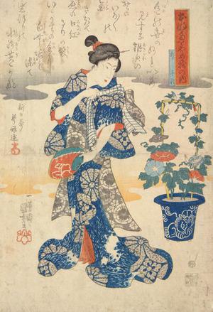 Utagawa Kuniyoshi: The Poetess Kaga no Chiyo Admiring Morning Glories, from the series Women of Japan - University of Wisconsin-Madison
