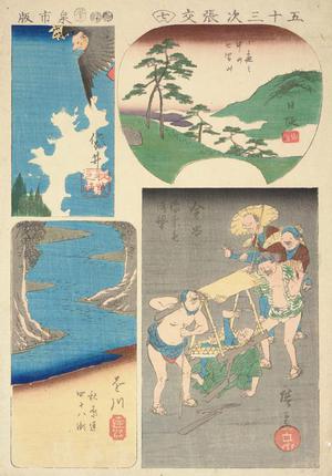 Utagawa Hiroshige: Fukuroi, Nissaka, Kakegawa, and Kanaya, no. 7 from the series Harimaze Pictures of the Tokaido (Harimaze of the Fifty-three Stations) - University of Wisconsin-Madison