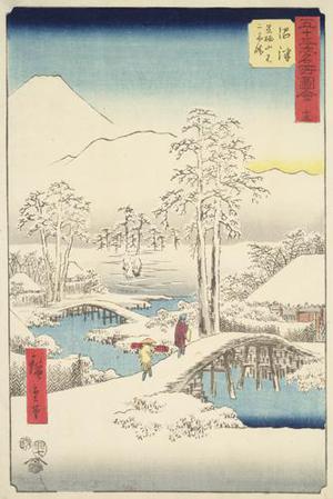 Utagawa Hiroshige: Mt. Fuji and Mt. Ashigara from Numazu in Clear Weather after a Snowfall, no. 13 from the series Pictures of the Famous Places on the Fifty-three Stations (Vertical Tokaido) - University of Wisconsin-Madison