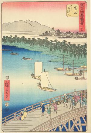 Utagawa Hiroshige: The Bridge on the Toyo River near Yoshida, no. 35 from the series Pictures of the Famous Places on the Fifty-three Stations (Vertical Tokaido) - University of Wisconsin-Madison