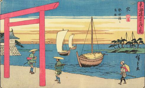 Utagawa Hiroshige: The Shrine Gate at Atsuta Bay near Miya, no. 42 from the series Fifty-three Stations of the Tokaido (Gyosho Tokaido) - University of Wisconsin-Madison